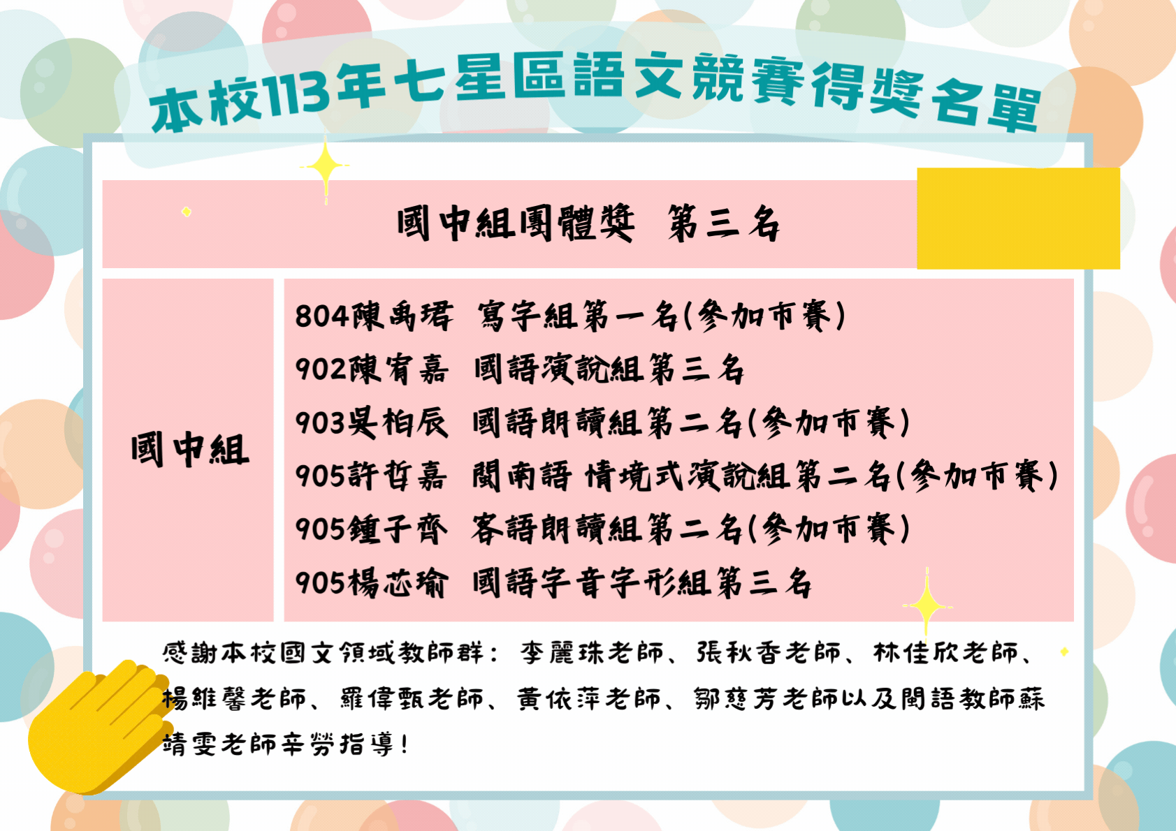 連結到113七星區語文競賽國中組榮獲佳績